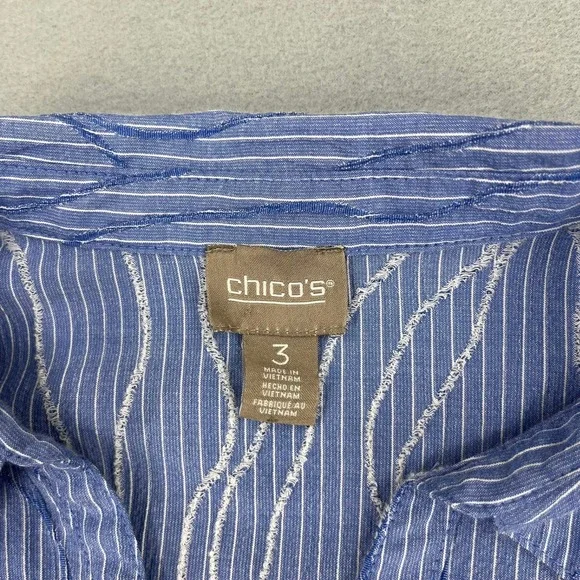 Chico's Blue White Pinstripe Textured Button Down Shirt Roll Tab Size 3 Large - Picture 5 of 13